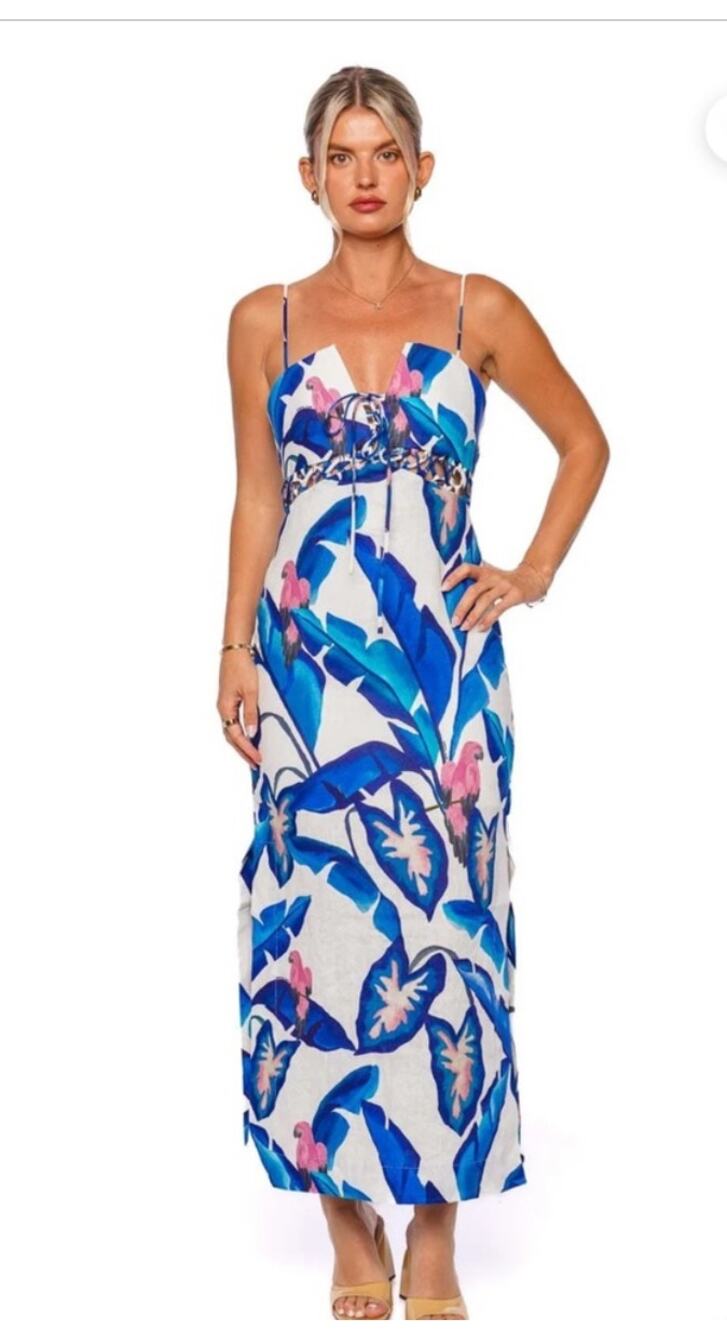 Farm Rio Blue Foliage Linen Laced Front Maxi Dress White Blue XL